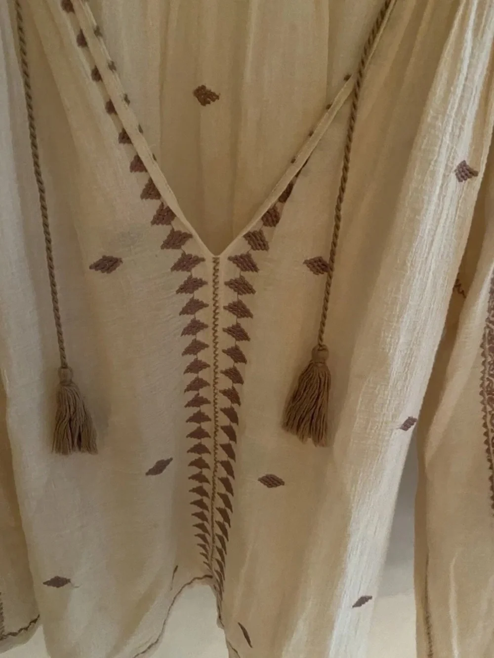 Doen Cream Peasant Tunic with Taupe Embroidery